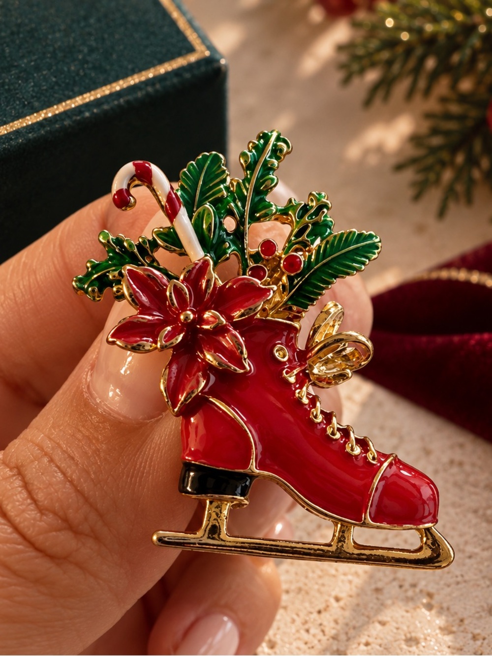Christmas Red Ice Skate Brooch